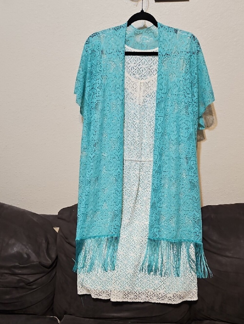 Maurices Turquoise Lace Midi Dress with Fringe Kimono